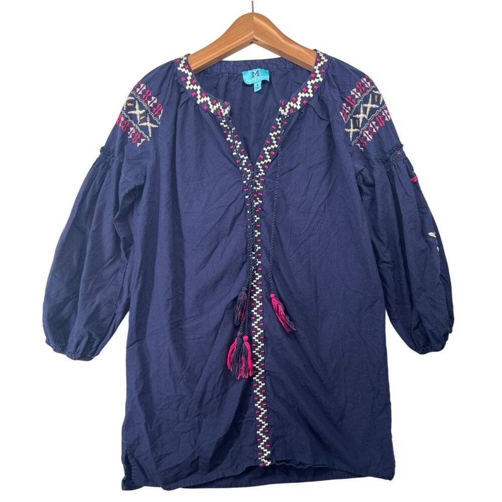 South Main Dress Sz S Navy Blue Embroidered Long-Slv Tasseled Tunic Boho Peasant